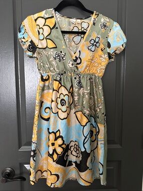 Floral Wrap-Front Casual Dress in Yellow, Blue & Green